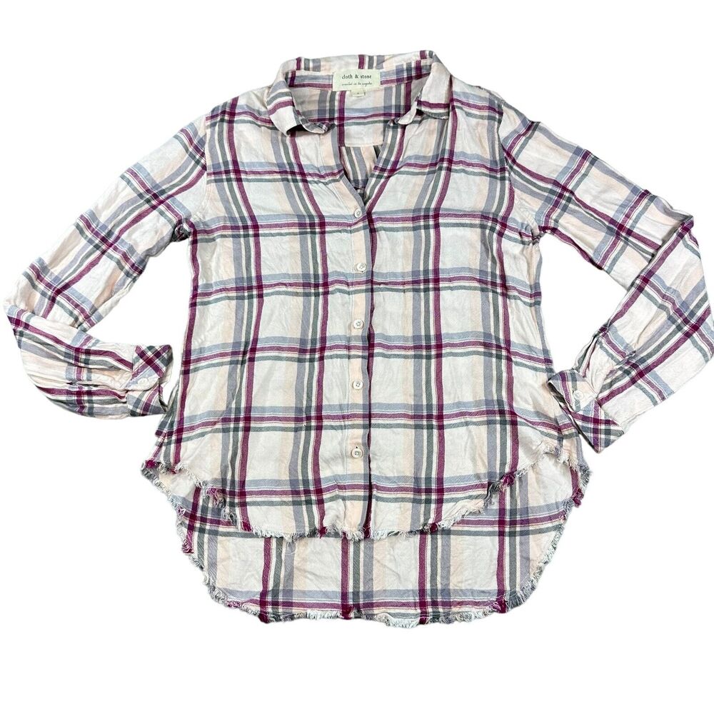 Cloth‎ & Stone Plaid Button Down Women S Purple Excellent Frayed High Low Hem